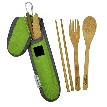 Bamboo Travel Utensil Set Summer Green | Bamboo Fork, Knife, Spoon, Chopsticks, Straw, Straw-cleaning brush, Travel Pouch and Carabiner | Excellent For Everyday