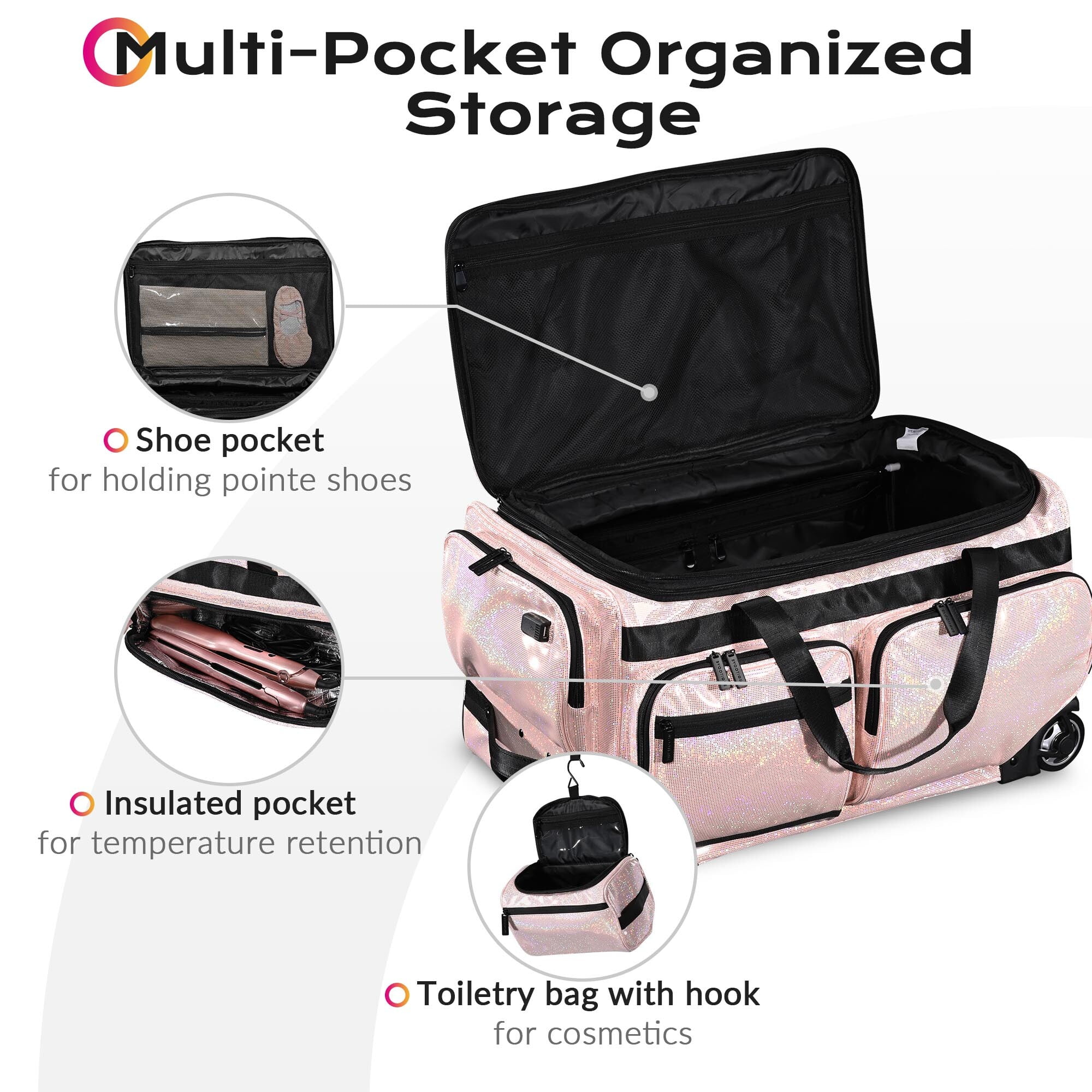 Byootique Rolling Dance Bag with Garment Rack Dream Duffel Bag Recital Bag Travel Duffle Organizer for Dance Competition Performances FA Rose