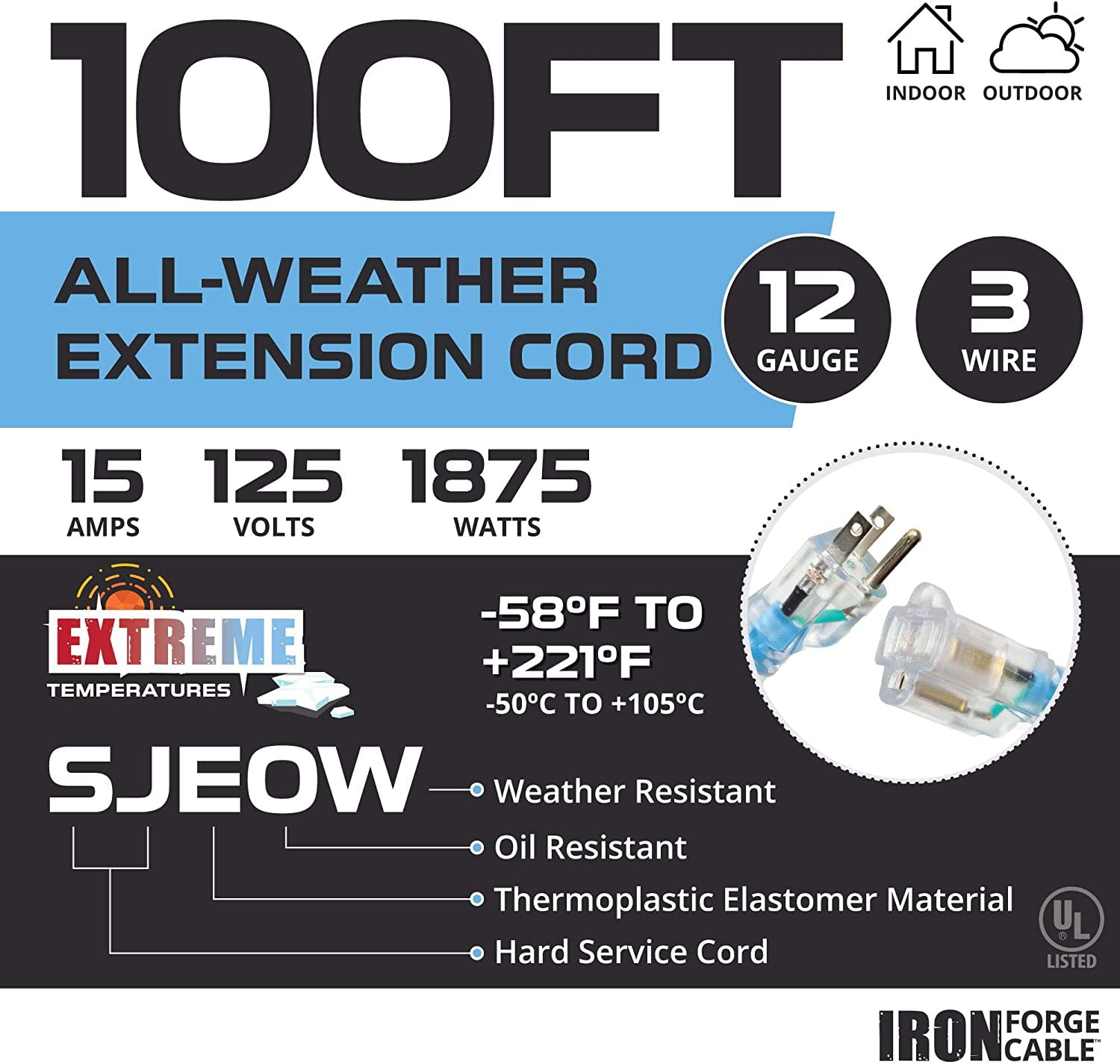 100 Ft All Weather Extension Cord Stays Flexible in Extreme Cold