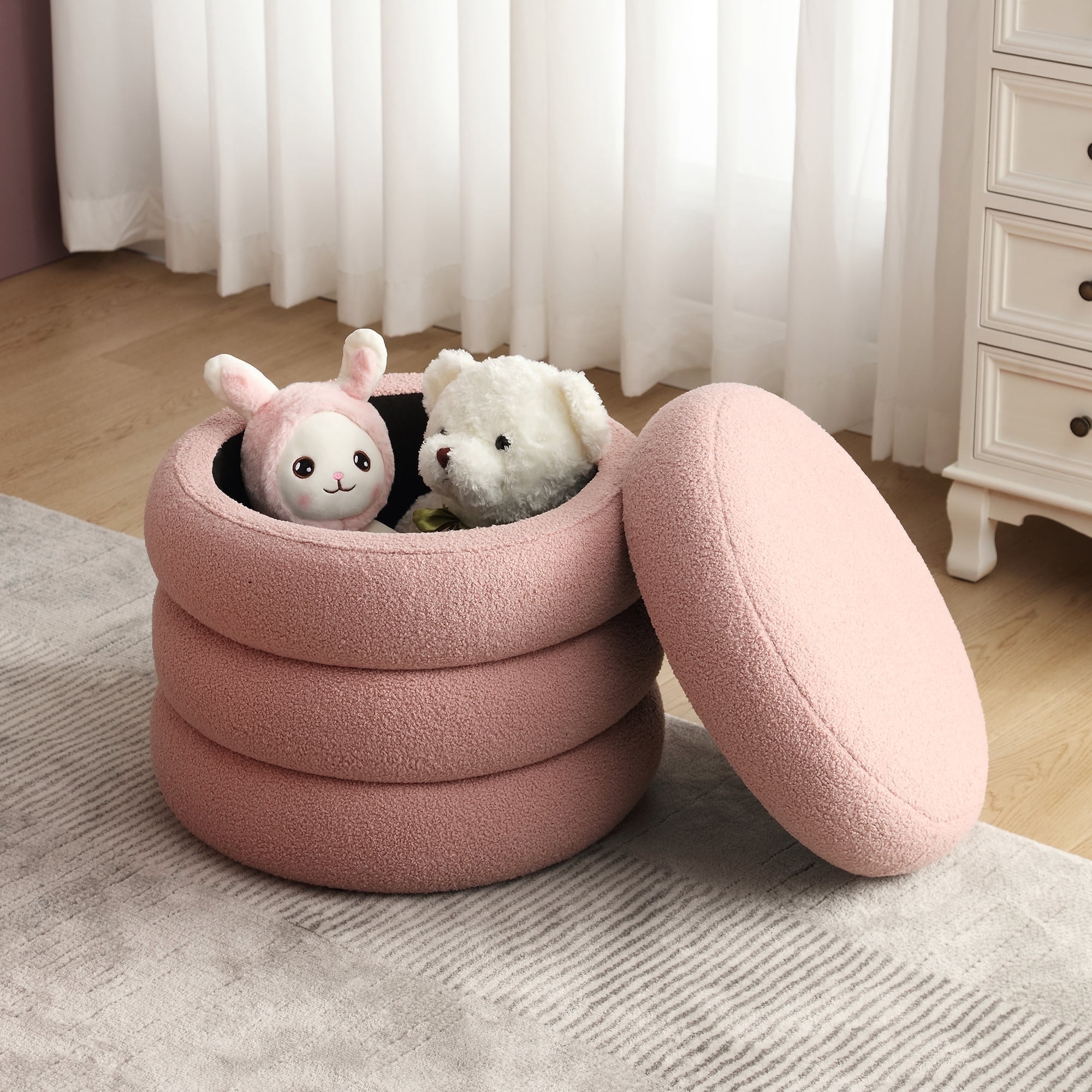 Zesthouse 20.1" Wide Round Boucle Storage Ottoman, Tufted Sherpa Ottoman Footstool for Living Room Bedroom, Pink