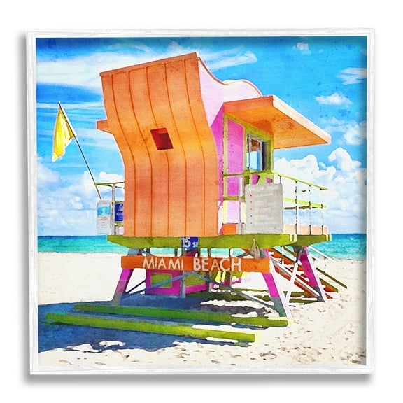 Stupell Industries Miami Beach Orange Hut Nature Painting White Framed Art Print Wall Art, 24 x 24