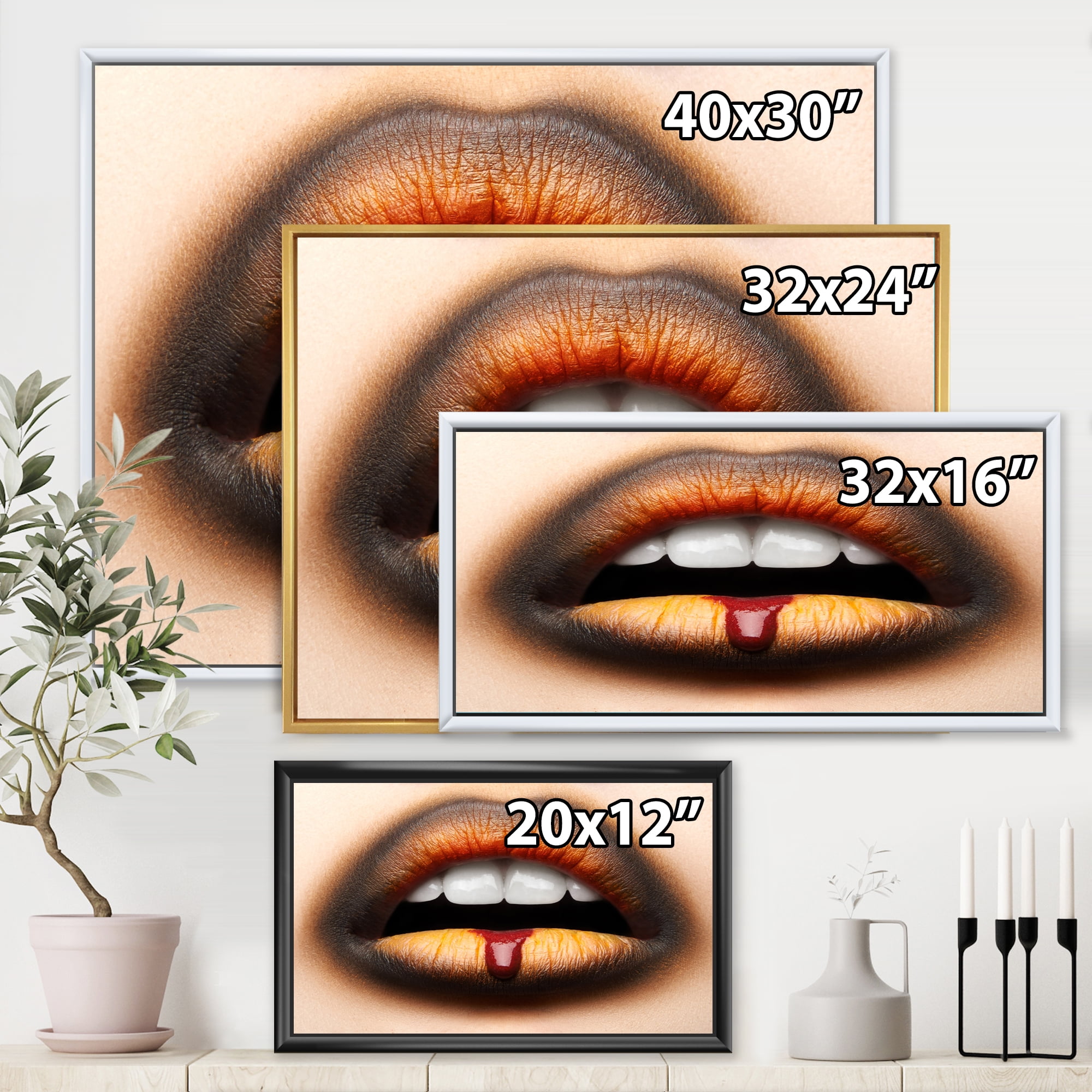 Designart 'Woman Lips With Black & Orange Lipstick' Modern Framed Canvas Wall Art Print