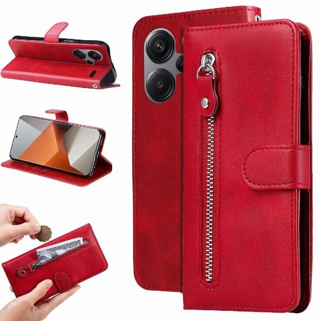Estuche de Cuero PU con Cierre para Xiaomi Redmi Note 13 Pro Plus 5G , Funda Protectora con Billetera y Correa