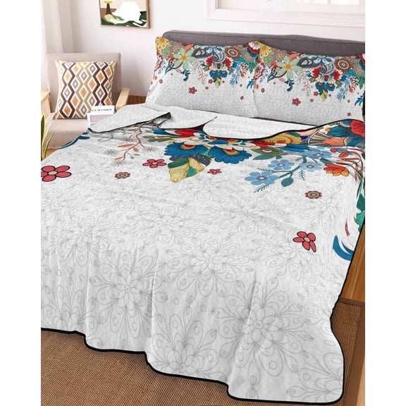 Bohemian Floral Twin Size Down Alternative Comforter, Lightweight Comforter Quilt Bedding Set with Pillow Shams Retro Abstract Flowers Boho Ethnic All Seasons Bed Comforter Duvet Insert 68"x86"
