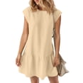 thumbnail image 2 of HVOBTTY Womens Casual Lightweight A Line Dresses, Summer Dresses for Women, Womens Fashion Solid Color Short Sleeve Crew Neck Ruffled A Line Dresses Beige, M, 2 of 5