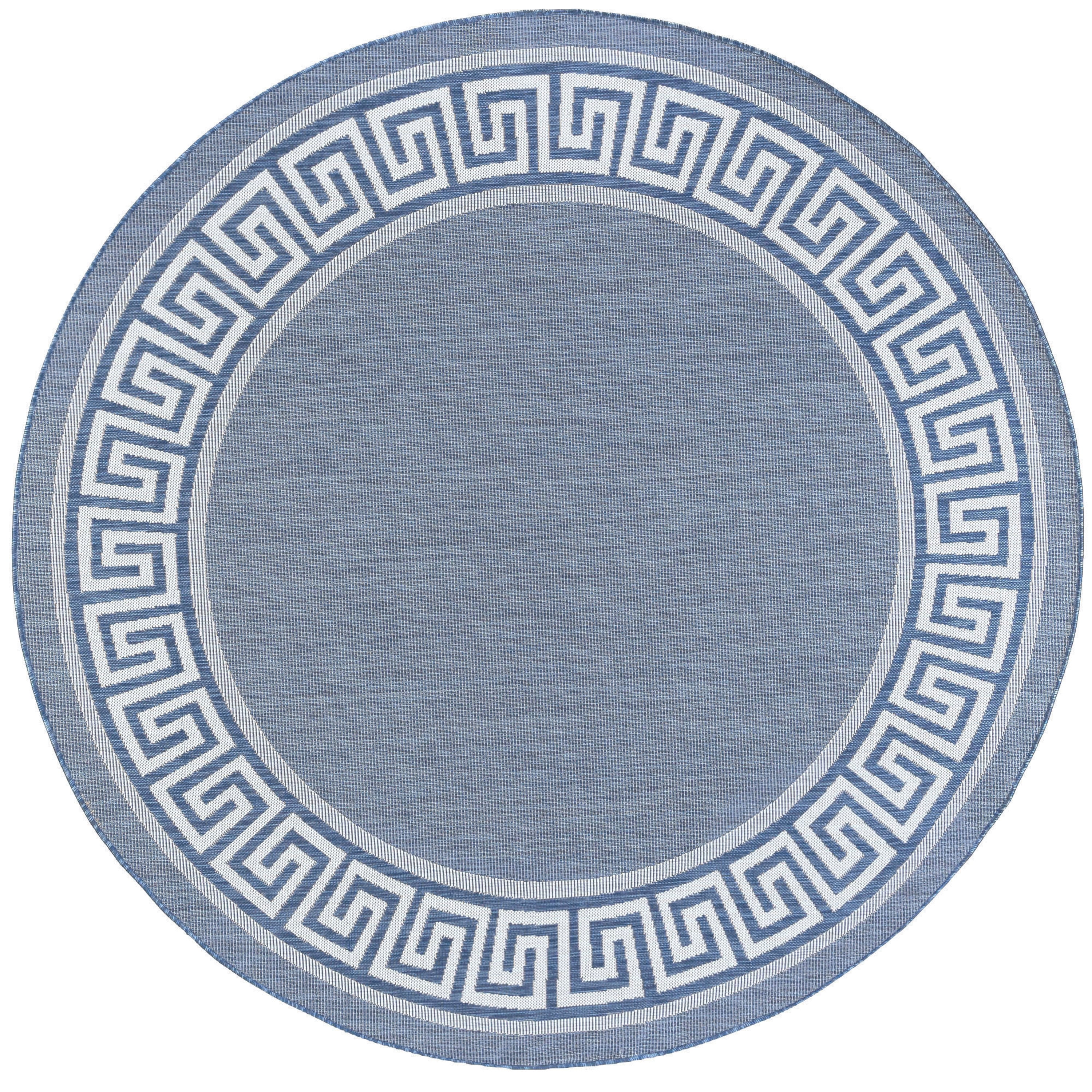 Bliss Rugs Indoor Outdoor Greek Key Round Rug for Living Room, Porch, Deck | Blue, 7'10''Round