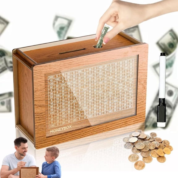 Cash Vault Wooden Savings Box, Piggy Bank - Holds up to $10,000, Wooden Cash Savings Box (with pen), Perfect for Kids.