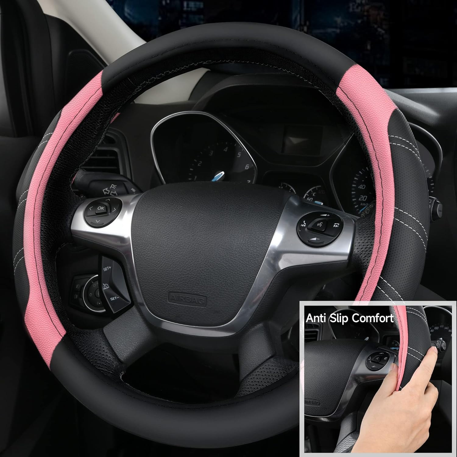 CAR GRAND Microfiber Steering Wheel Cover and Waterproof Car Floor Mats,Leather Universal Car Combo Fit for 95% Truck,SUV,Cars,14.5-15inch Sporty Anti-Slip Safety Comfortable Design(Black and Pink)