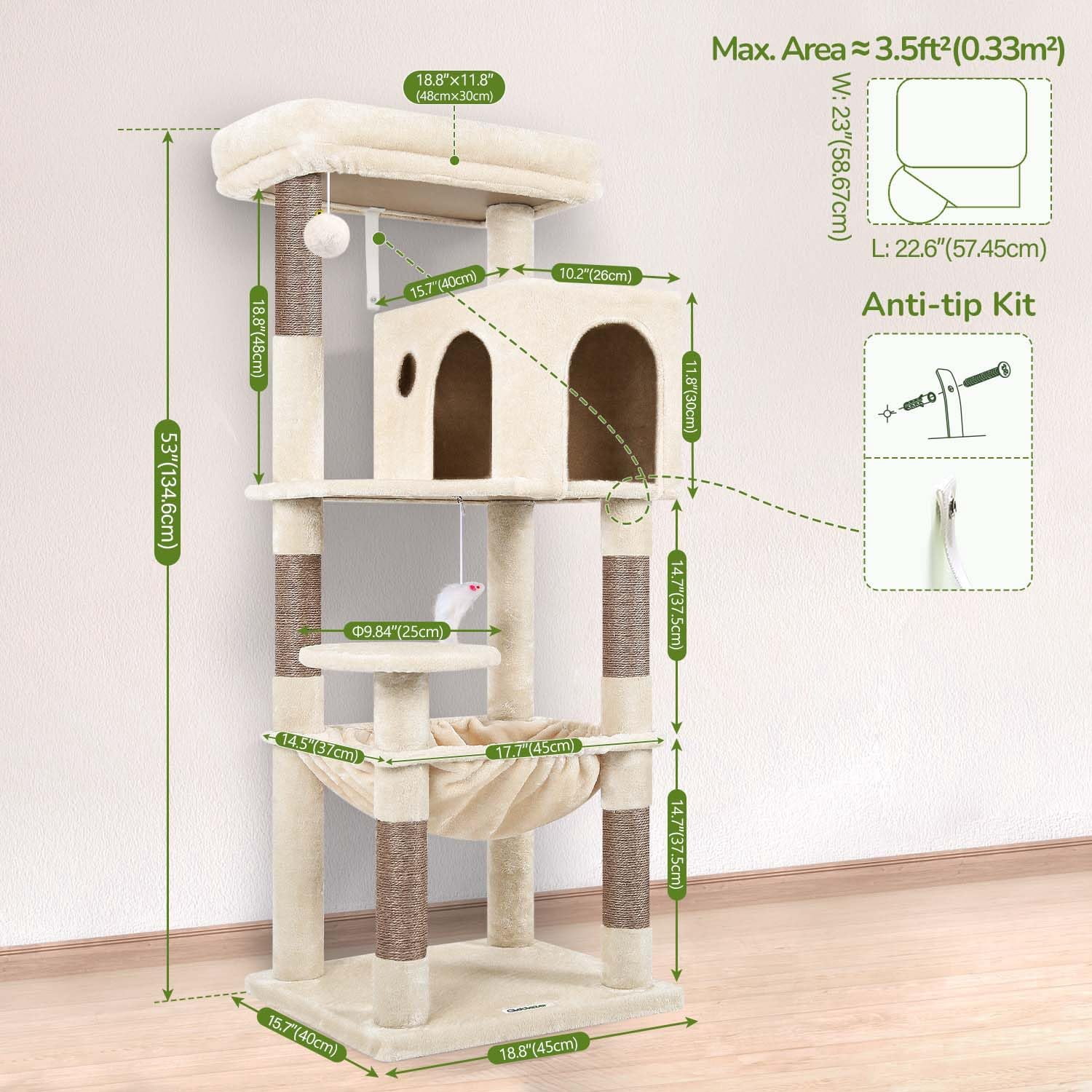 Cat Tree Tower With For Indoor Cats  53inch Tall Plush Multi-level Climbing Condo House Large Hammock Spacious Cave Big Padded Top Perch Bed F53 Beige