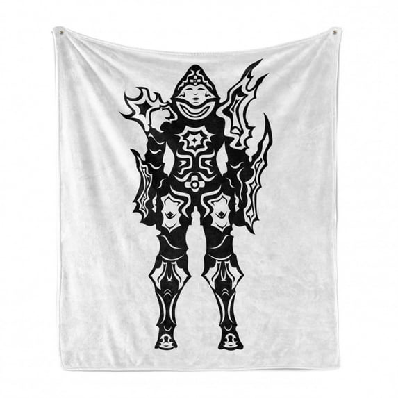 Video Game Soft Flannel Fleece Throw Blanket, Illustration of a in Black and White Fiction Creatures Image, Cozy Plush for Indoor and Outdoor Use, 50" x 70", Multicolor, by Ambesonne