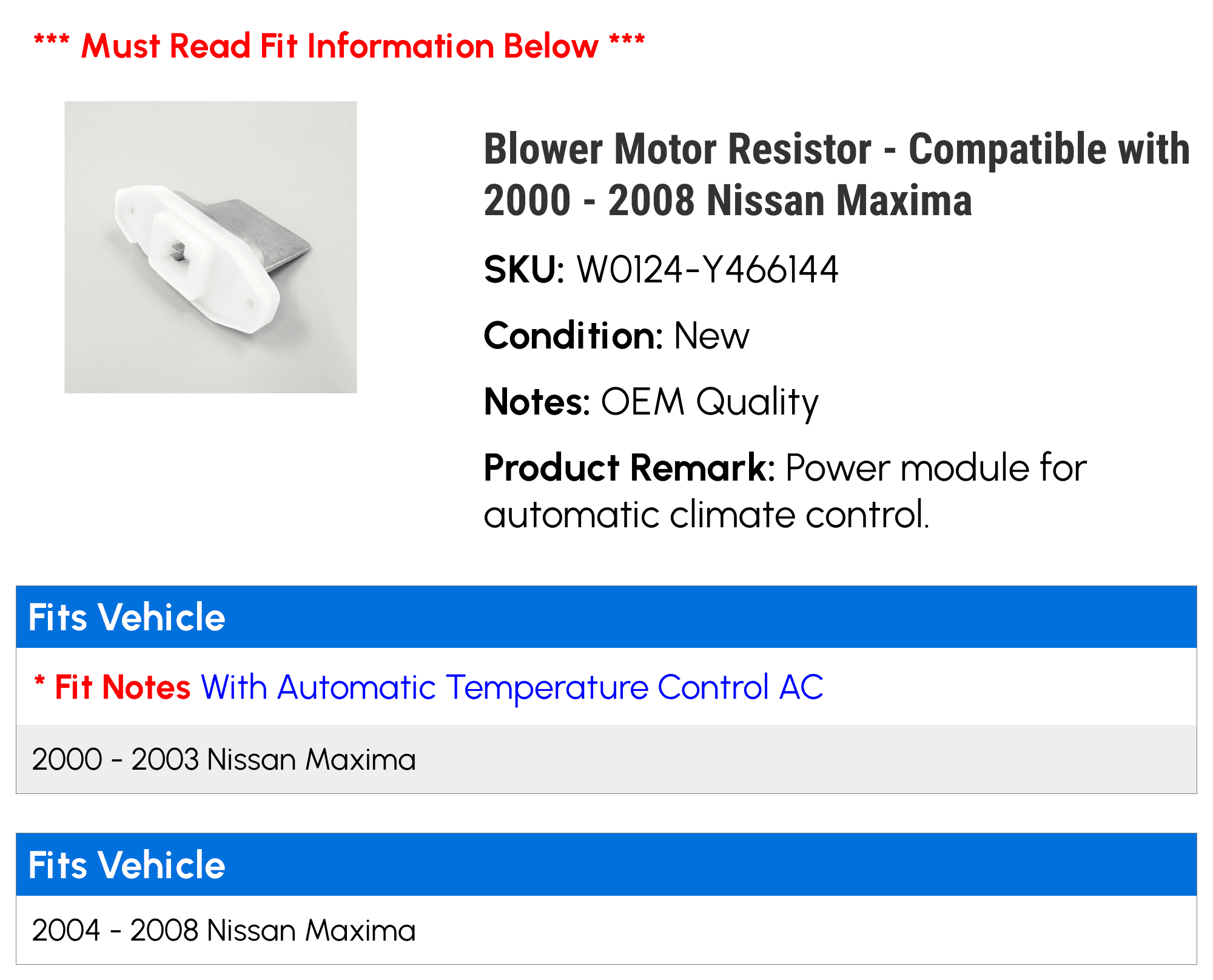 Blower Motor Resistor - Compatible with 2000 - 2008 Nissan Maxima 2001 2002 2003 2004 2005 2006 2007