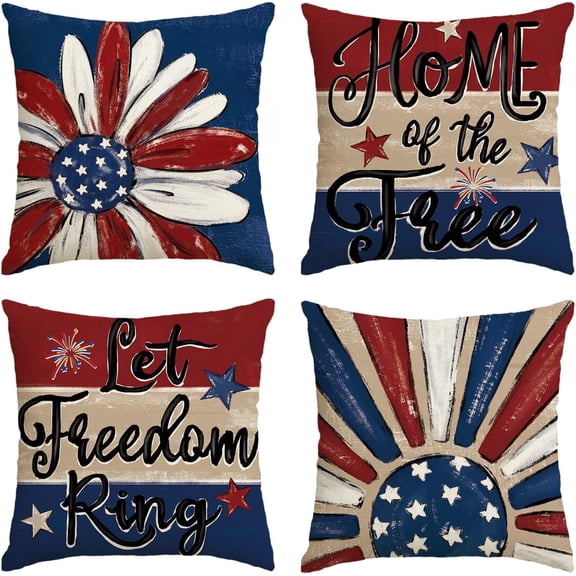 Let Freedom Ring Stars Fireworks Red White Flower Throw Pillow Covers, 18 x 18 Inch 4th of July Patriotic Independence Memorial Day USA Flag Cushion Case for Sofa Couch Set of 4