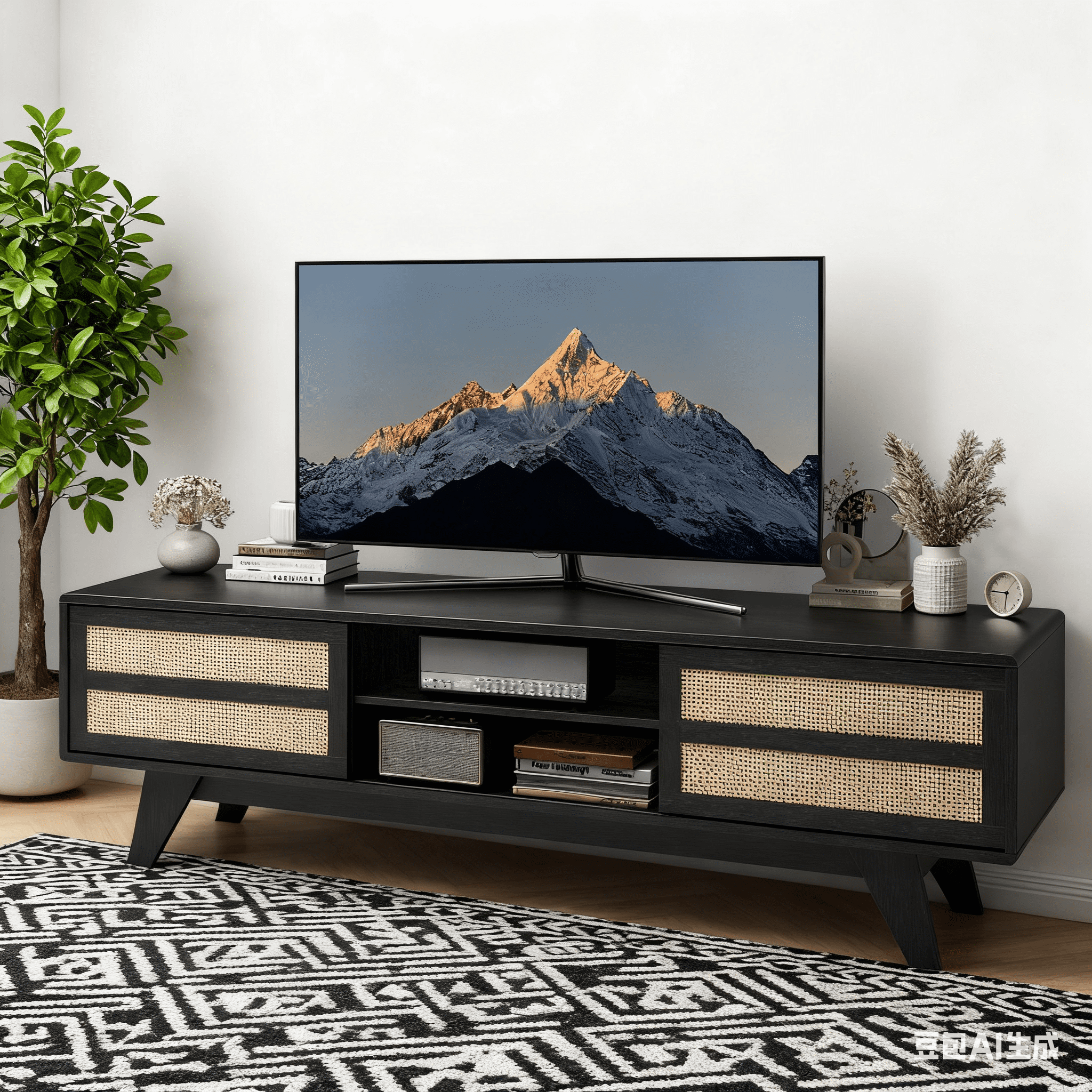 Home Modern Style 65 inch TV Stand for Living Room - Low Profile TV Stand for TVs up to 65 inches Entertainment Center with Storage - Media Cabinet with 2 Doors & Adjustable Shelves,Black