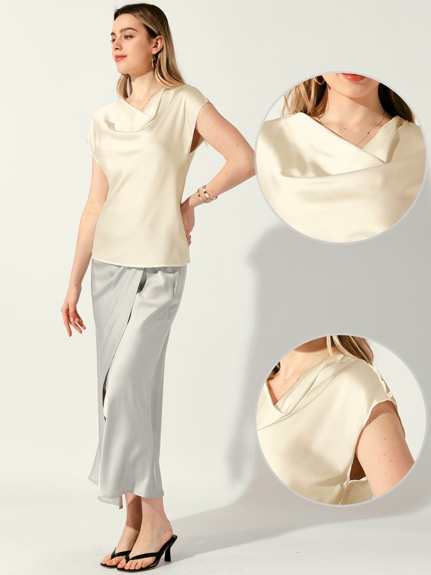 DARING DIVA Women's Satin Cowl Neck Short Sleeve Casual Blouses M Beige