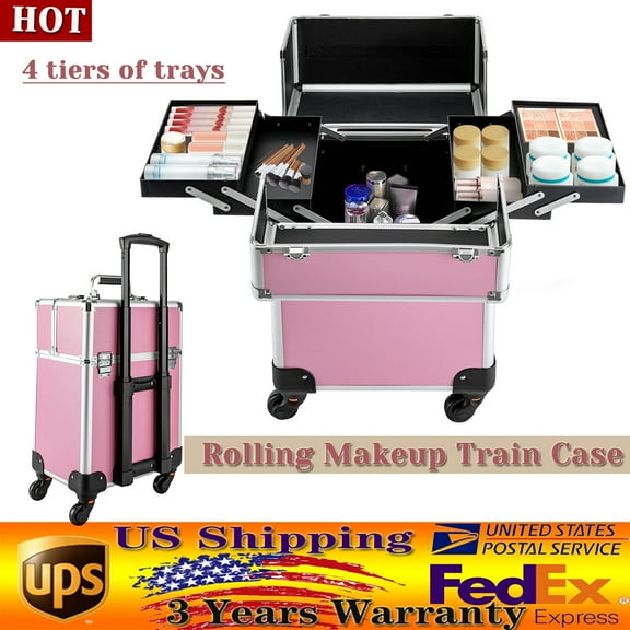 Pink Rolling Train Case Aluminum Trolley Professional Cosmetic Organizer Box New