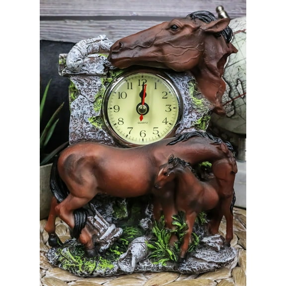 Brown Chestnut Stallion Horse Mare Stallion And Foal Family Desktop Table Clock