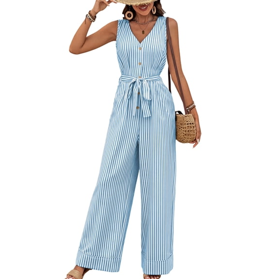 Women'S Striped Casual Summer Jumpsuits Loose Button V Neck Sleeveless Rompers Light Blue L