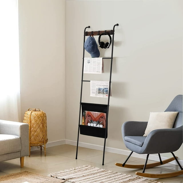 Black Metal Blanket Ladder with 5 Hooks & Storage Bag Wall Leaning