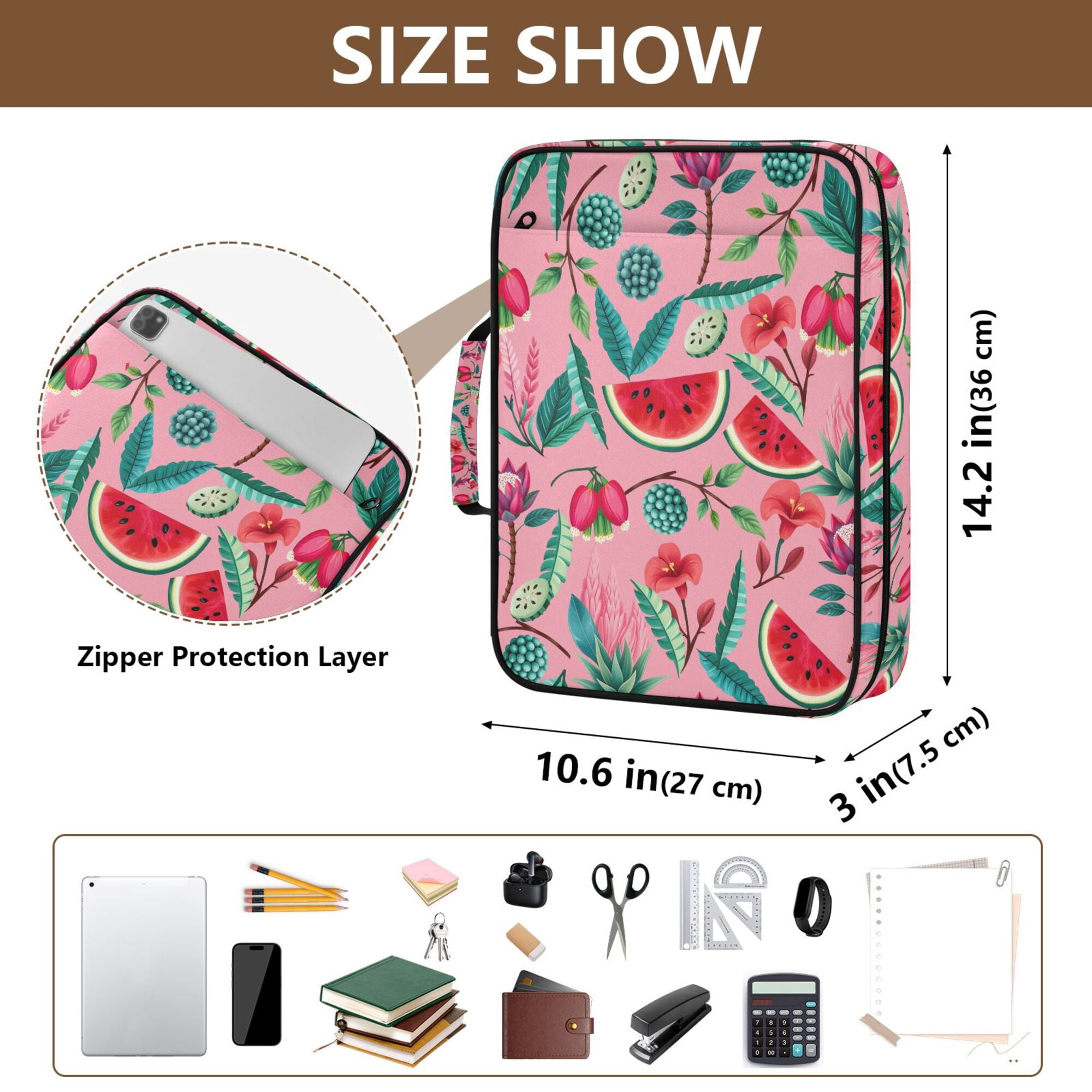 FORMRS Accordion File Folder A4 Size 7-Pocket Expanding Document Organizer Bag with 3 Ring Binder, Pink Tropical Pattern