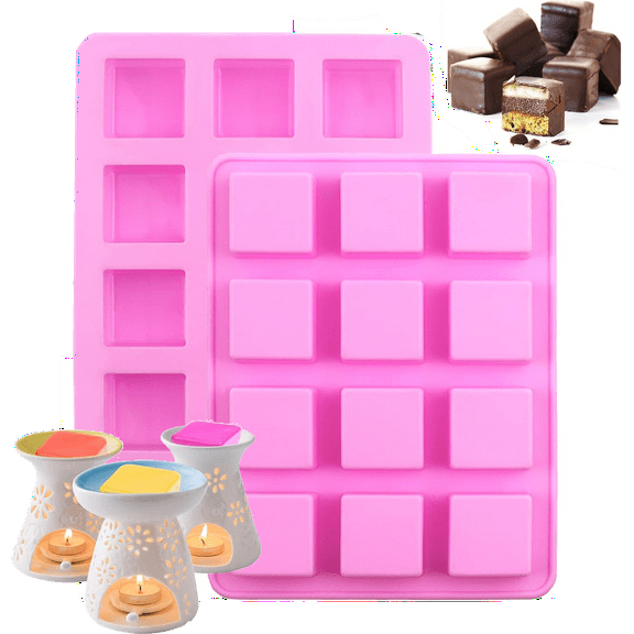 Wax Melts Molds Silicone，2 Pcs 12-Cavities Square Silicone Molds for Scented Soy Wax Melts,Candle Making,Baking Chocolate Truffles,Candy, Jelly,Ice Cube Tray