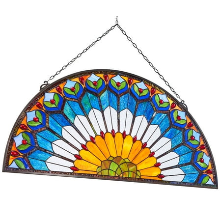 KFFKFF Stained Glass Window Panel, 36 x 18 in, Tiffany-Inspired Hanging Transom with Chain, Half-Round Decorative Glass Art for Kitchen and Home
