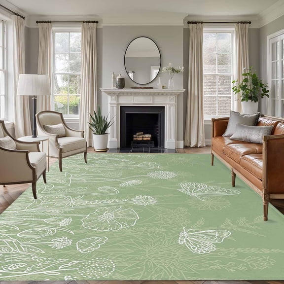 5'x7' Area Rugs for Living Room Bedroom, Sage Green Wildflowers Washable Rug Carpet Runner Indoor Outdoor, Modern Floral Butterfly Plant Non Slip Floor Mats Area Rug for Kitchen, Nursery