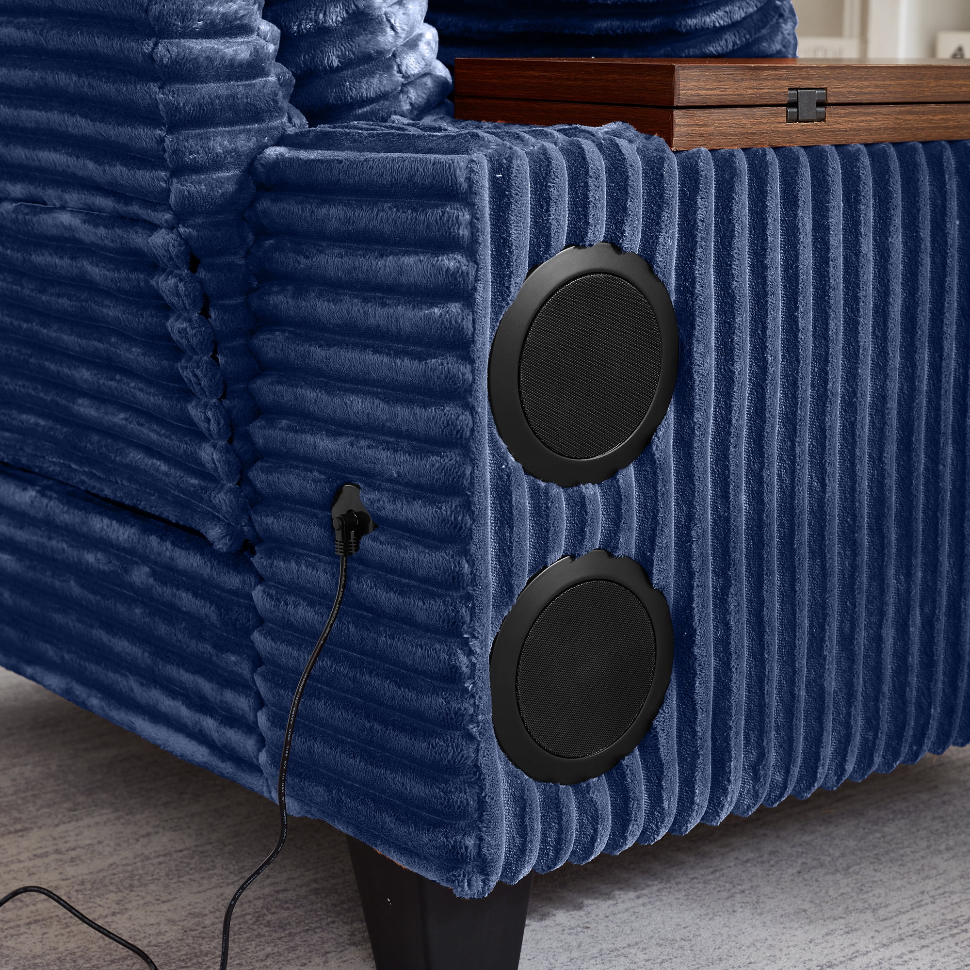 Aukfa Corduroy Chaise Lounge Chair with Ottoman, Hidden Rotating Table, Storage Armrest with Cup Holder, USB Port & Bluetooth Speaker, Blue
