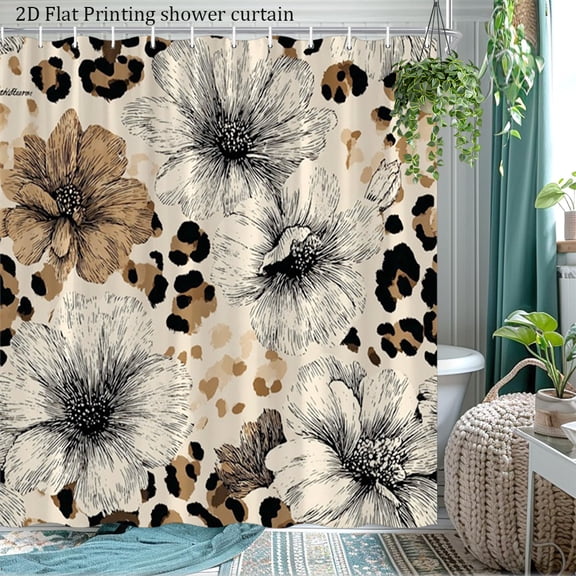 1pc Elegant Floral Leopard Print Shower Curtain , Brown & Black Animal Pattern Bathroom Window Curtain, High Quality Polyester Fabric Bath Decor with 12 Hooks, Extra Long 70x70 Inches for Moder