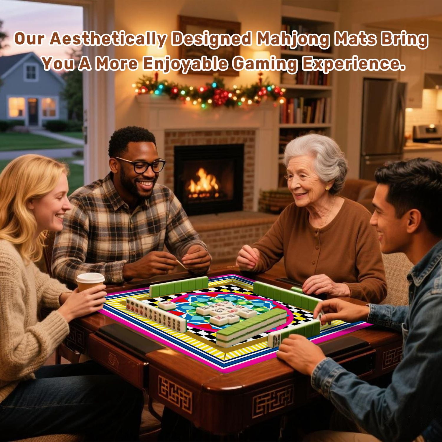 Mahjong Mat 31.5" x 31.5" Vibrant Geometric Mandala Checkerboard Bright Color Borders Non-Slip Noise Reduction American Mahjong Tiles Table Cover for Dominoes Poker Card Board Games Gift