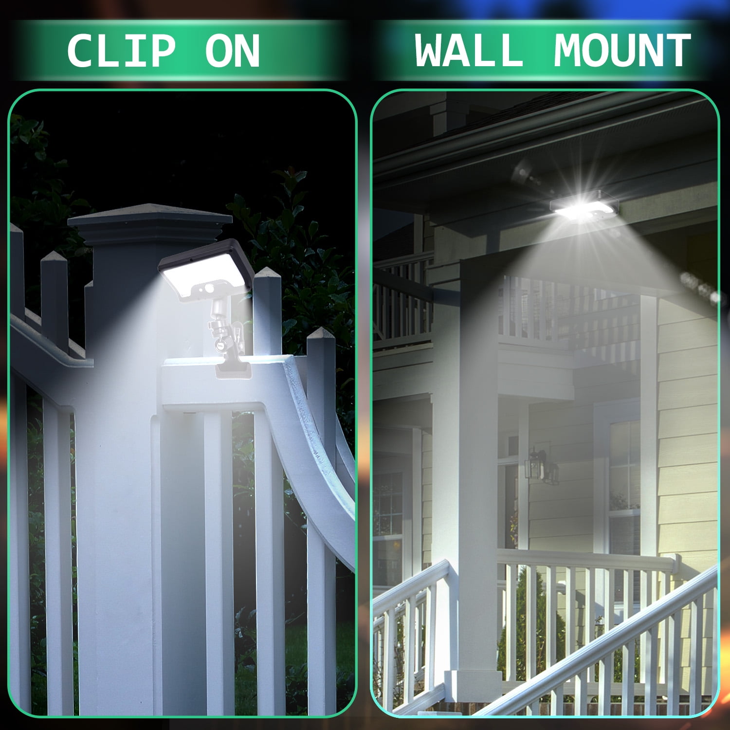 HAARAY Clip-On Solar Light Outdoor, Motion Sensor Security Flood Light, USB Charging and Solar Powered Fence Lights for Yard, Deck, Gutter, Camping, 3 Mode Settings, IP65 Waterproof, 2 Pack