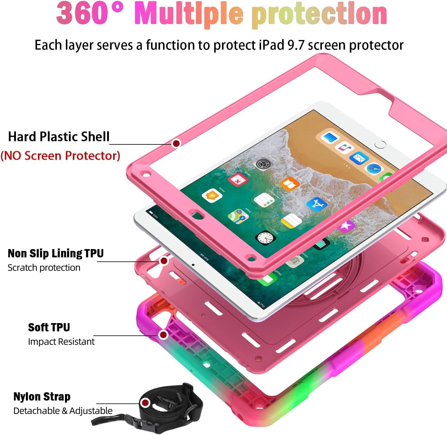 SUPNICE Rugged Case for iPad 9.7 Inch 2018/2017, 3 Layer Hybrid Shockproof [360 Rotating Stand] [Hand Strap] [Pencil Holder] Kids Case, iPad 6th Generation Case, iPad 5th Generation Case, Pink