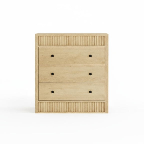 BouPower 31.5" Fluted Wood Nightstand with 3 Storage Drawers, Modern Natural Oak Bedside End Table for Bedroom