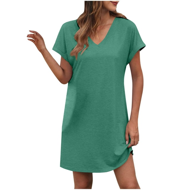 LOVZFMLL Robes d'Été pour Femmes T-Shirt Décontracté Ample Robe Droite Col en V Manches Courtes Basique Tenues Quotidiennes Vert A S