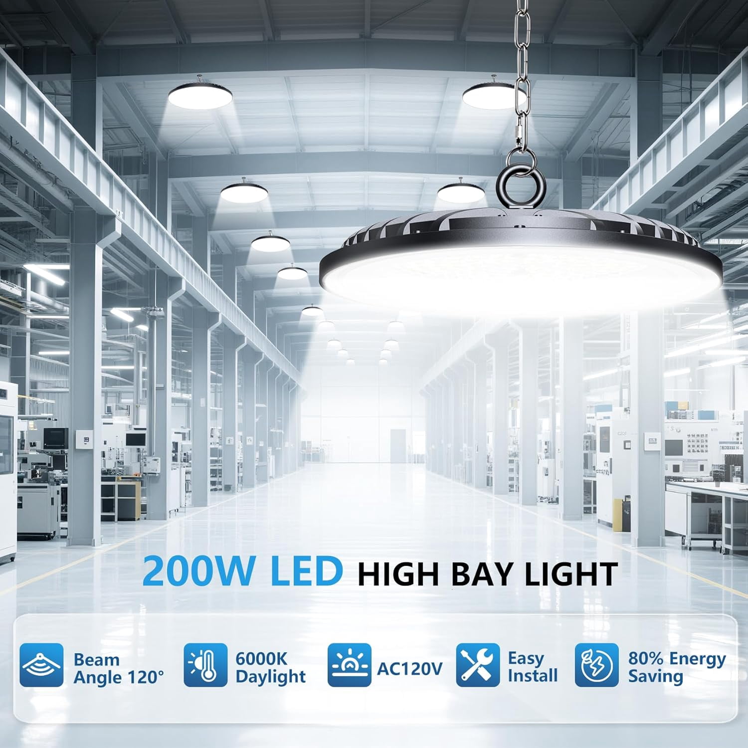 6 Pack 300W Shop Lights, 45000LM UFO LED High Bay Light 6000K Garage Lights IP65 Waterproof Commercial Bay Lighting for Warehouse, Gym, Factory
