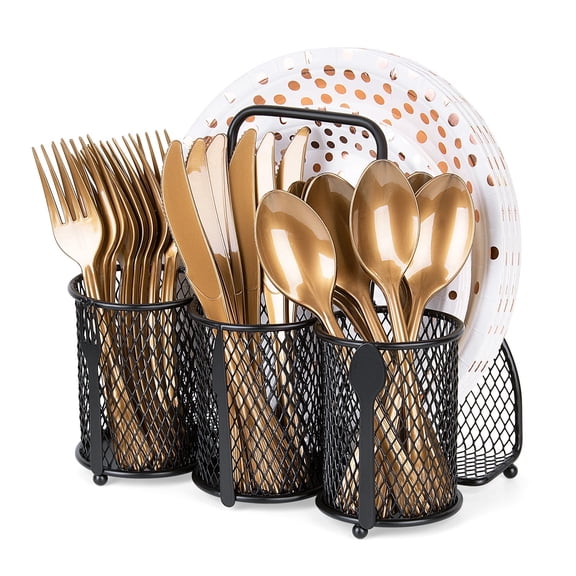 Utensil Caddy Silverware Holder - 4 Compartment Metal Mesh Cutlery Fork Spoon Napkin Plate Organizer Flatware Storage Basket Party Kitchen Countertop Buffet Picnic Camping Outdoor BBQ Black