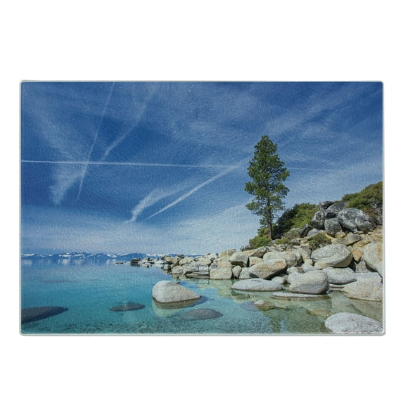 Lake Cutting Board, Clear Dreamy Sky over Inland Creek Surrounded by Land Liquid Surface of Earth Print, Decorative Tempered Glass Cutting and Serving Board, Small Size, Blue Grey, by Ambesonne