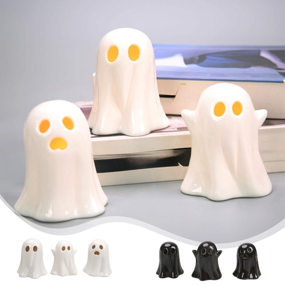 Fwttom Halloween Ceramic Ghost Lights, Cute Halloween Decor LED-Illuminated Warm Light Up Ghost, Halloween Ghost Decor Adorable Ghost Figurine for Indoor Display 4Pcs