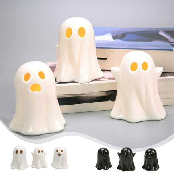 Juego de luces fantasma de Halloween | Adorable decoración de fantasmas de cerámica | LED a pilas | Blanco y negro | 3,54"x4,13" | Escritorio espeluznante, repisa, exposición de mesa