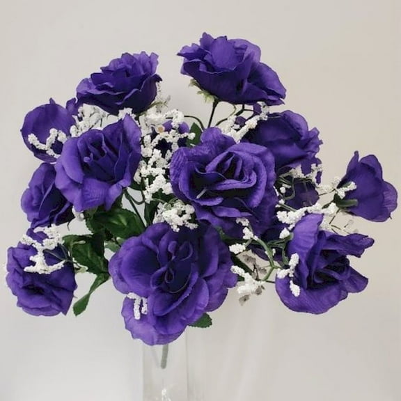 14 Purple Open Roses Artificial Flowers
