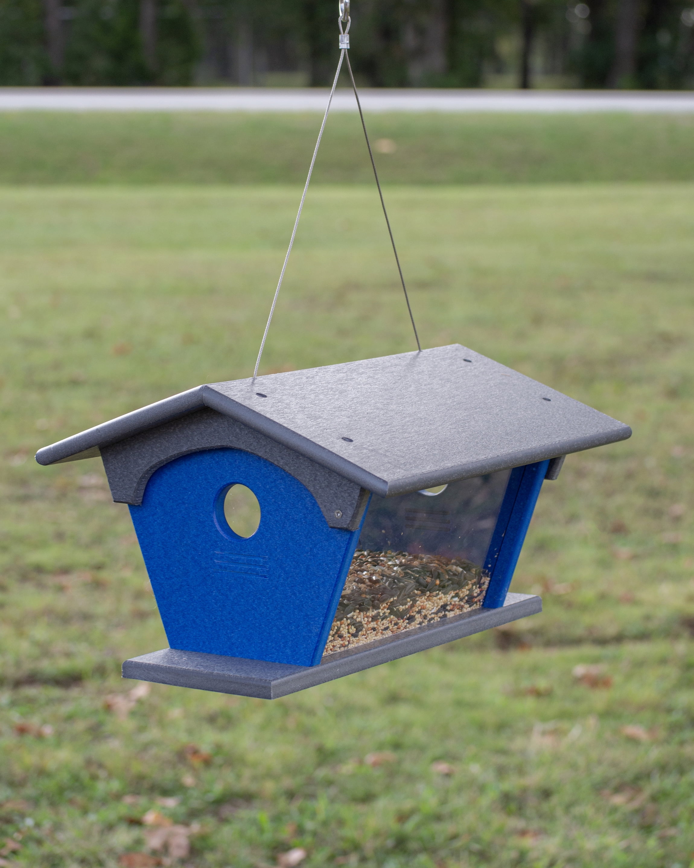 Outdoor Leisure Products Model GM4GBL Blue Bird Feeder Made of High Density Poly Resin in Gray and Blue