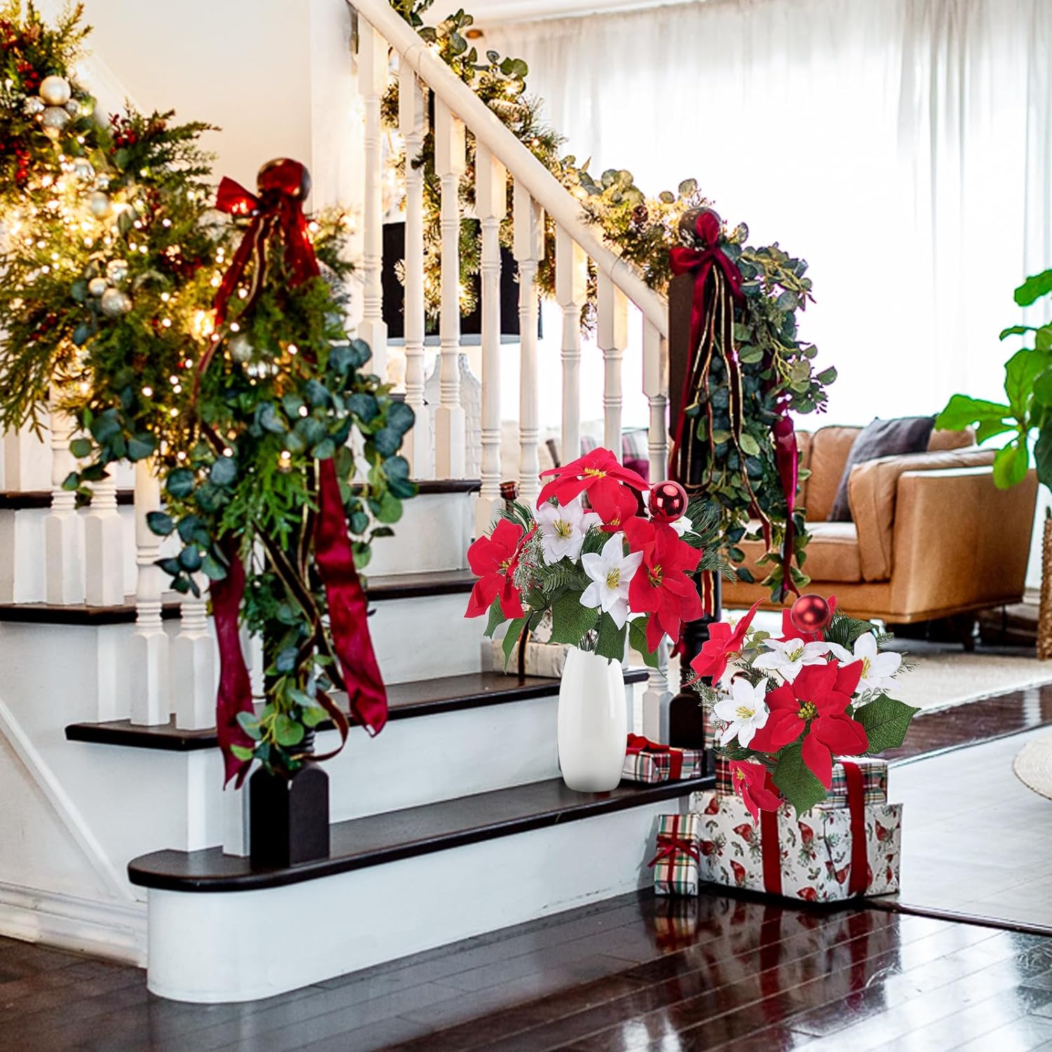 Christmas Artificial Flowers Poinsettia Bouquet Mixed Christmas Bush Winter Flowers Arrangment for Home Kitchen Decor Holiday Cemetery 9in