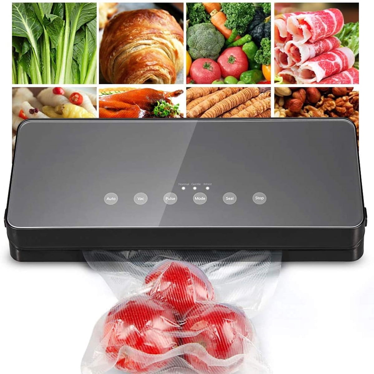 Vacuum Sealer, Automatic Food Sealer Machine for Food Savers w/Starter Kit|Led Indicator Lights|Easy to Clean|Dry & Moist Food Modes| Compact Design (Black)