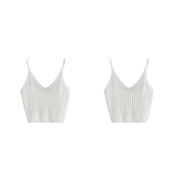 Jumpingount Top corto de punto a la moda para mujer, Tops cortos sin mangas de algodón, lencería, ropa interior, ropa de calle, chaleco, camiseta blanco 2piezas