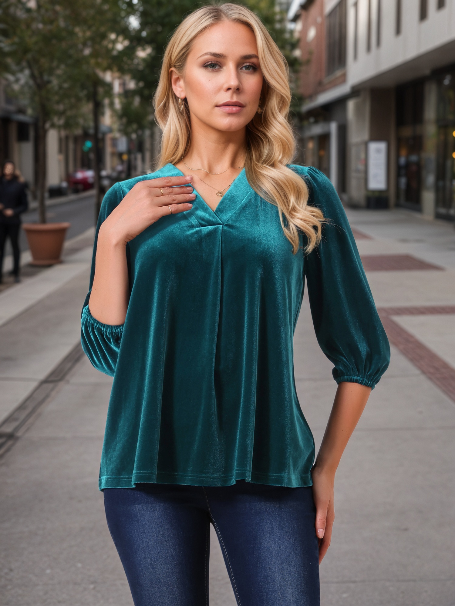 DARING DIVA Women's Velvet V Neck 3/4 Puff Sleeve Casual Blouse S Peacock Blue