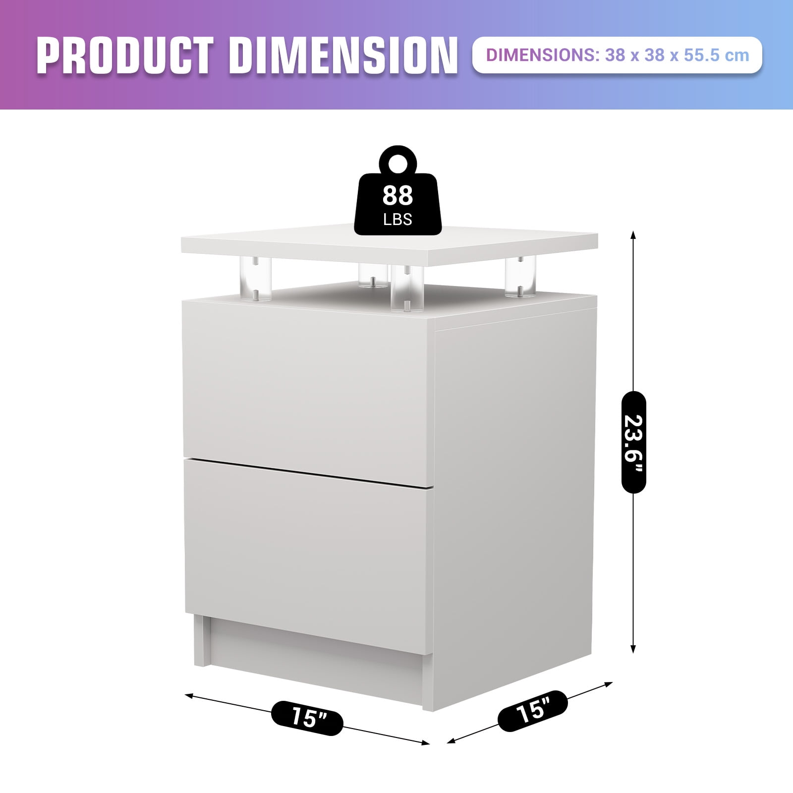 BaPiPro LED Nightstand Set of 2, Modern LED End Table with 2 Drawers, Bedside Table with Lighting for Bedroom, Living Room, White
