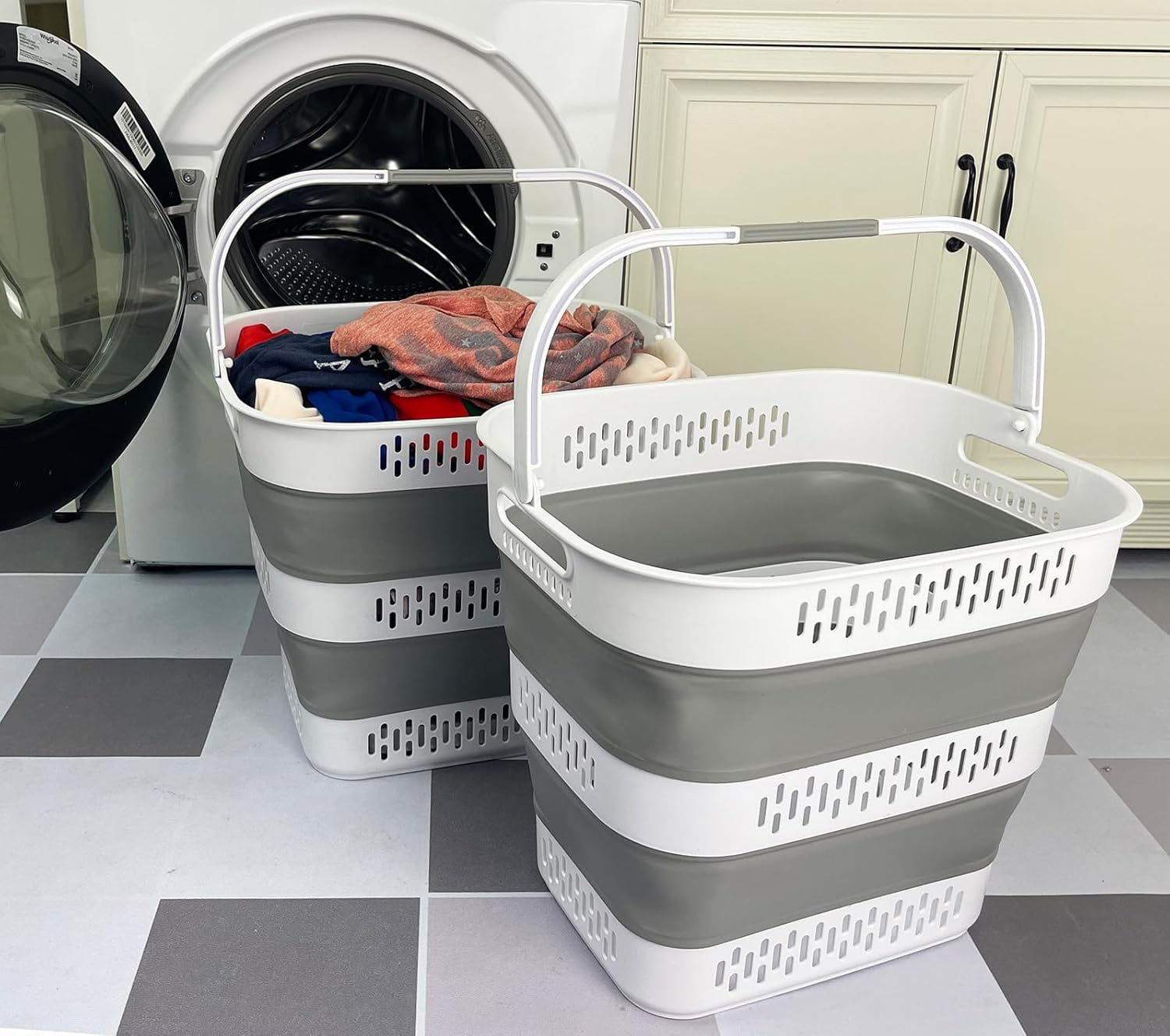 CHTER 40L (10.5 Gallon) Collapsible Plastic Laundry Basket with Handles - Foldable Pop Up Storage Container/Organizer - Portable Laundry Hamper - Space Saving (2, White/Grey)
