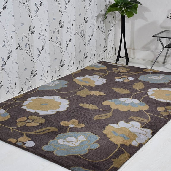 Rugsotic Carpets Hand Tufted Wool Eco-Friendly 5'x8' Area Rugs Rectangle Brown Floral Modern High Pile Thick Handmade Anti Skid Indoor Rug for Living Room, Bedroom K00518