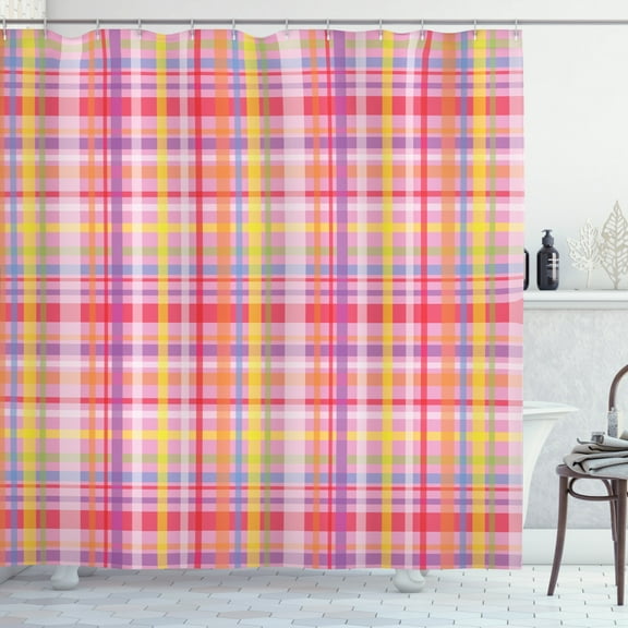 Tartan Shower Curtain, Checkered Plaid Stripes in Pastel Tones Girly 90s Retro Pop Art Fashion Graphic, Fabric Bathroom Set with Hooks, 69W X 75L Inches Long, Multicolor, by Ambesonne
