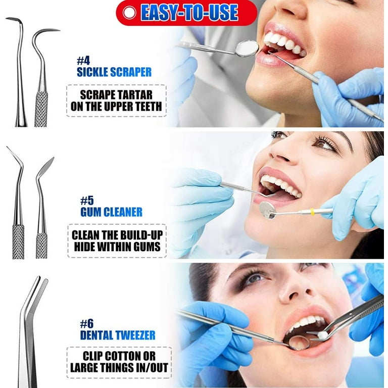 Dental Tools, 6 Pack Teeth Cleaning Tools Stainless Steel Dental Scraper,  Pick Hygiene Set with Mouth Mirror, Tweezer Kit for Dentist, Personal  Using