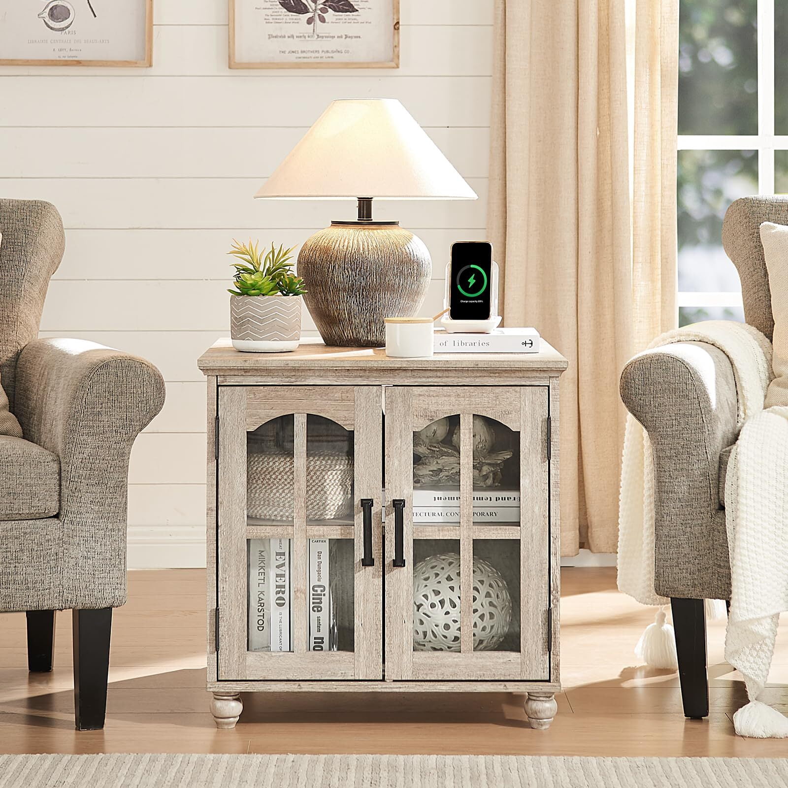 Buildhom Farmhouse End Table with Charging Station, 24" Wide Nightstand with Glass Barn Door and Adjustable Shelf for Living Room, Grey